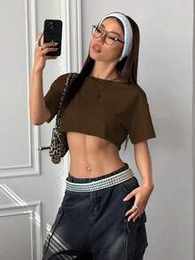 Top corto asimétrico de mujer con cuello blanco y flecos, camiseta de manga corta de moda versátil Y2K oversize y sexy, para primavera/verano - Marrón - Ver 6