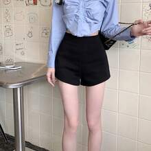 Pantalones cortos de cintura alta a la moda para mujer, nuevos pantalones cortos ajustados elásticos de Color sólido, ropa de calle informal imprescindible - Negro - Ver 3