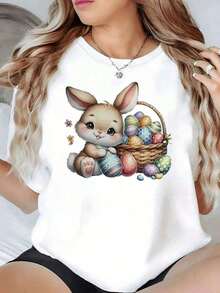 Basket With Colorful Eggs And Rabbit Ears That Evoke Joy And Renewal, Representing A Festive Symbol Of Hope. Soft And Comfortable 100% Cotton Women's T-Shirt, Ideal For Everyday Wear. - 白色的 - 查看 7