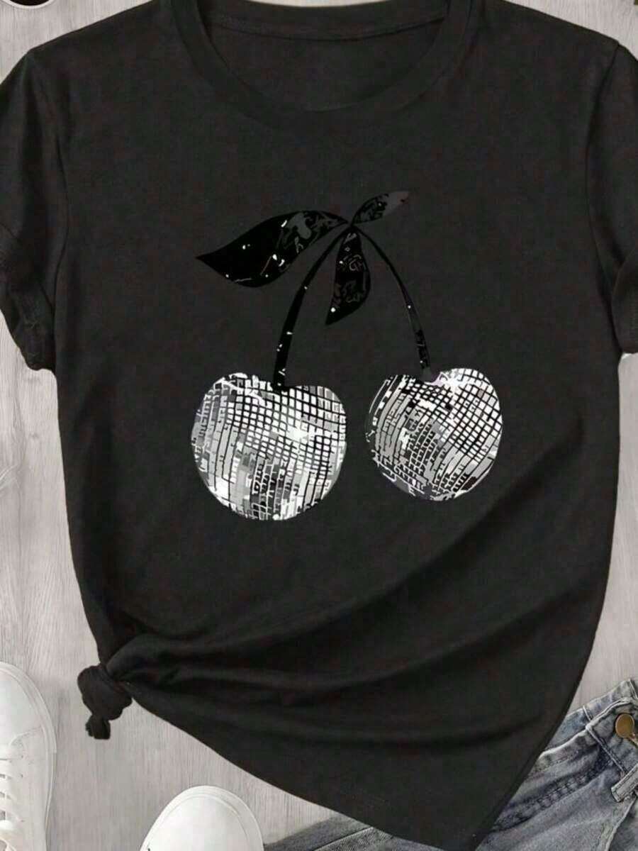 Women's Black Cat Print T-Shirt For Everyday And Weekend Wear, Y2K, HarAJsuku, Short Sleeves, Fun Fashion, Round Neck, Regular Fit, Loose And Comfortable - 2 - 查看 1