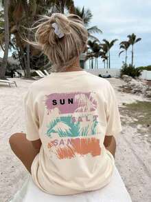 New Women's Summer T-Shirt, Minimalist, With Sunset Maple Leaf And Letter Print, Round Neck, Short Sleeve, Dark Gray, Modern And Versatile, Suitable For Casual Daily Wear And Holidays, Black - 杏子 3 - 查看 1
