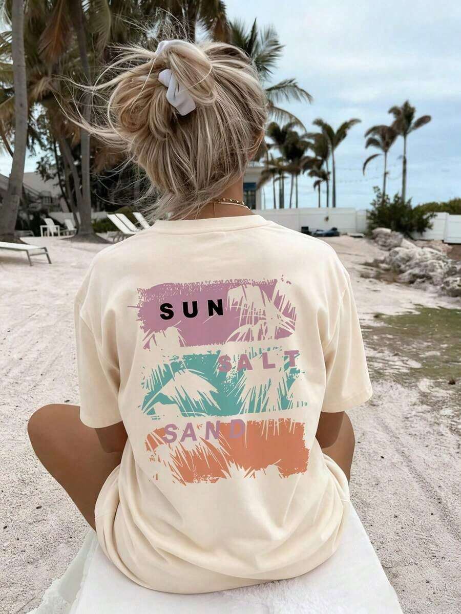 New Women's Summer T-Shirt, Minimalist, With Sunset Maple Leaf And Letter Print, Round Neck, Short Sleeve, Dark Gray, Modern And Versatile, Suitable For Casual Daily Wear And Holidays, Black - 杏子 3 - 查看 1