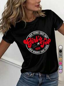 Women's 2026 Travel Themed Crew Neck T-Shirt - High Elasticity Fit, Ideal Matching Sets For Girlfriend Getaways, Graduation Parties And Travel - Machine Washable Casual Travel Themed T-Shirt - 黑色 - 查看 2