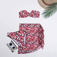 Traje de baño de dos piezas para mujer, bikini metálico en forma de U, traje de baño estampado de tres piezas - Rojo - Ver 11