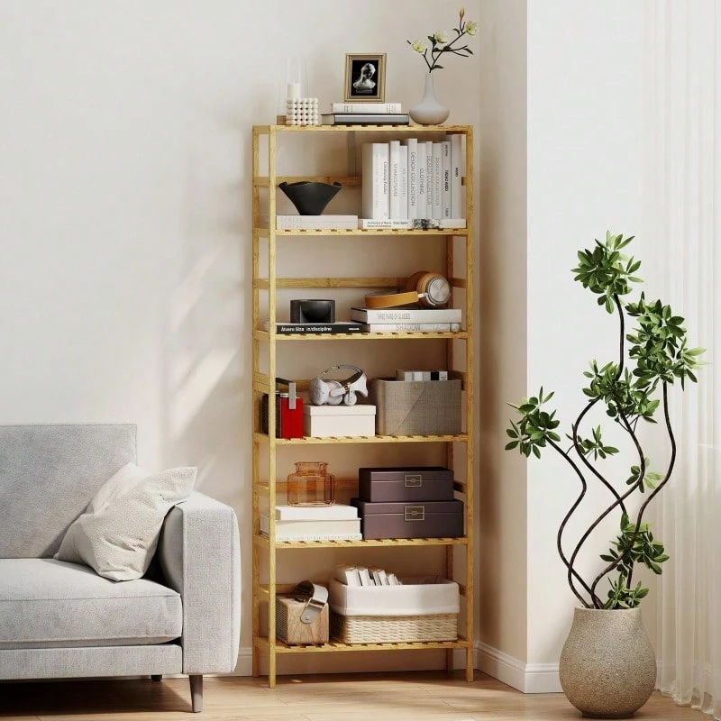 6-Tier Bamboo Wood Bookshelf, Adjustable Shelves, Freestanding Storage Rack, Natural Wood. - 原竹色 - 查看 1