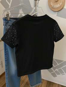 1 pieza Camiseta de cuello redondo de manga corta con adorno de rhinestones minimalista y de moda para mujer, un gran regalo para amigos - Negro - Ver 2
