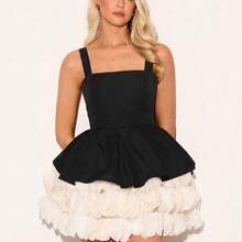 Elegant Contrast Color Layered Strap Evening Gown - Negro - Ver 6
