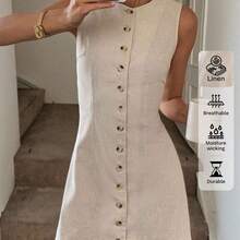 Button Front Cinched Waist A-Line Sleeveless Casual Vacation Elegant Mini Dress, Linen Material Summer Dresses For Women,Business Casual Woman Old Money Style - Albaricoque - Ver 4