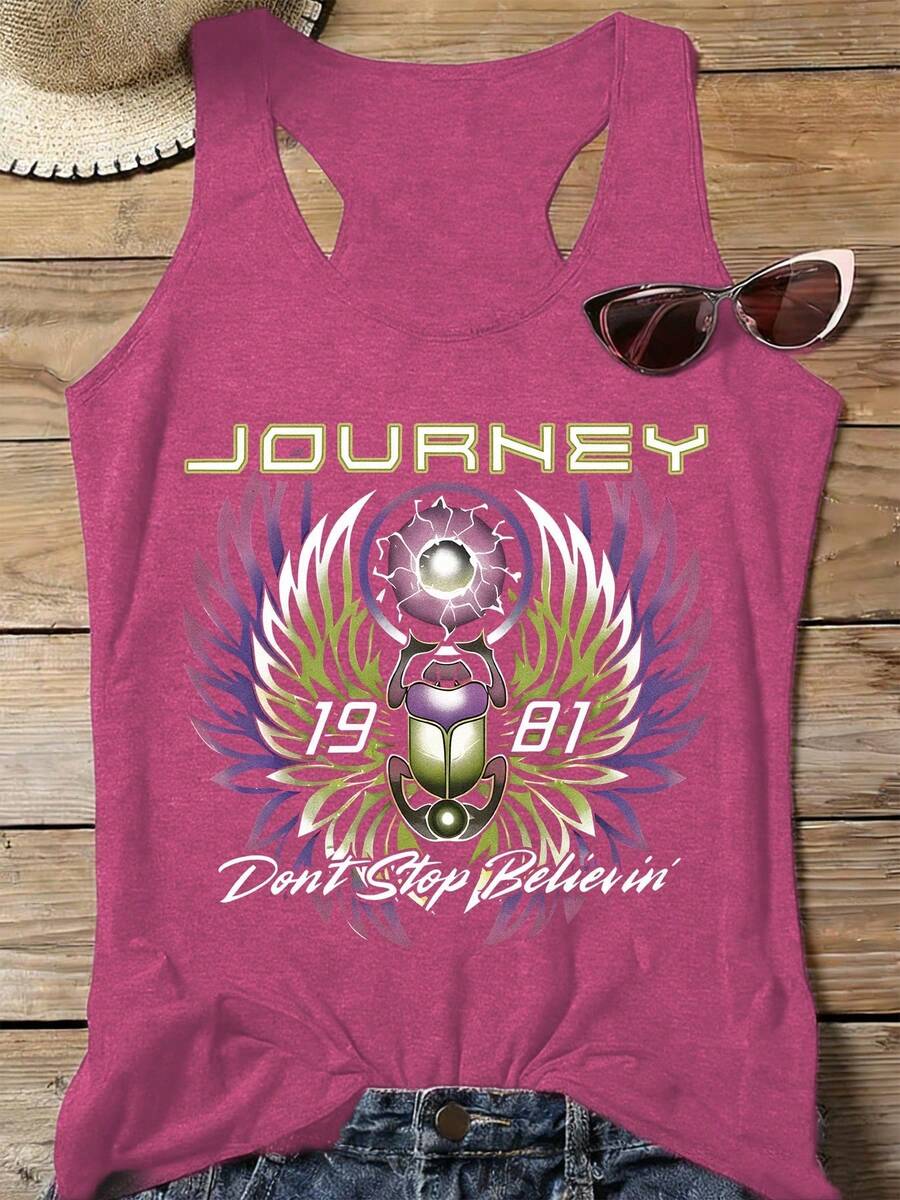 Elysian Wear 180g Vest Casual Women's Tank Top Journey Band Graphic Print Music Inspired Design For Fans Of Classic Rock And Vintage Style Fashionable Loose Fit Comfortable Summer Outfit For Young Adults And Music Lovers - Màu Đỏ Sâu - Xem 1