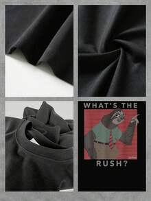 Imagen divertida de un perezoso con camisa y corbata transmitiendo una actitud relajada con la frase What's the rush reflejando humor y calma camiseta de mujer  casual cómoda y moderna para uso diario - Negro - Ver 4