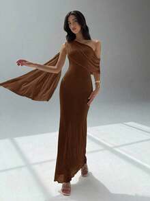 Vestido de mujer de unicolor con hombros asimétricos - Camel - Ver 4