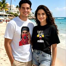 2-Piece Couple Matching Pattern T-Shirt, 100% Cotton, Loose Fit, Soft And Breathable, Casual Round Neck Short Sleeved Top Bulldog With Sunglasses Happy Together Versatile Patterns No Picky Combinations Coordinated Dating Casual Travel Simple And Cartoonish Printing Styles High Cost-Effectiveness - 白色 - 查看 1