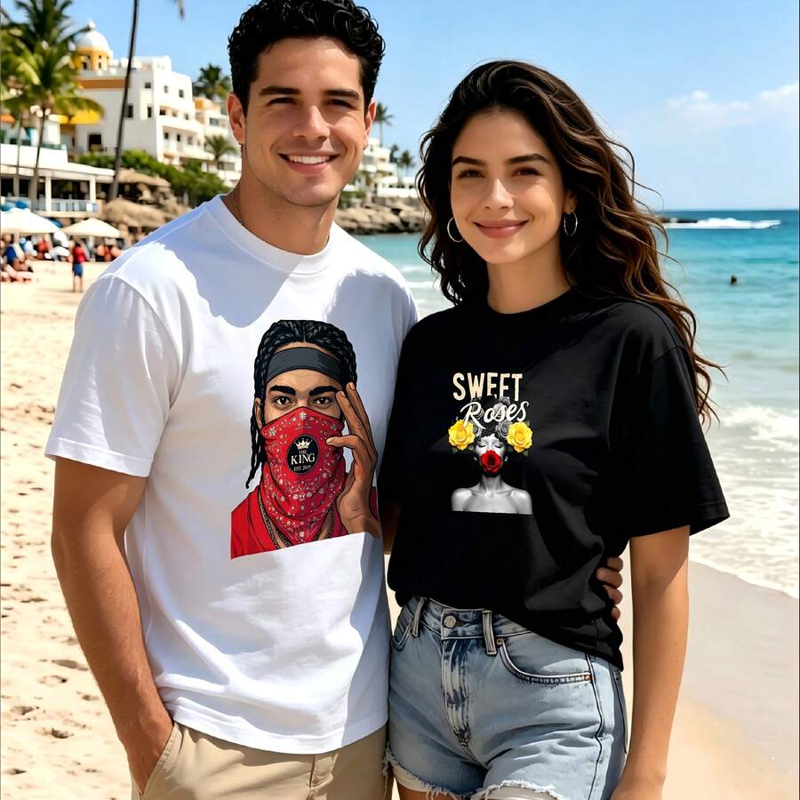 2-Piece Couple Matching Pattern T-Shirt, 100% Cotton, Loose Fit, Soft And Breathable, Casual Round Neck Short Sleeved Top Bulldog With Sunglasses Happy Together Versatile Patterns No Picky Combinations Coordinated Dating Casual Travel Simple And Cartoonish Printing Styles High Cost-Effectiveness - 白色 - 查看 1