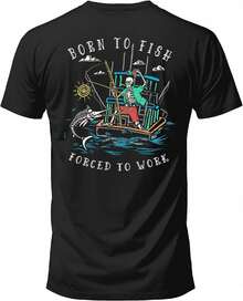 "Salty Bones Born To Fish Forced To Work" Fishing Boat Print T-Shirt, 100% Ring-Spun Cotton, Classic Fit, Printed In The USA. IFDD - 黑色 - 查看 1