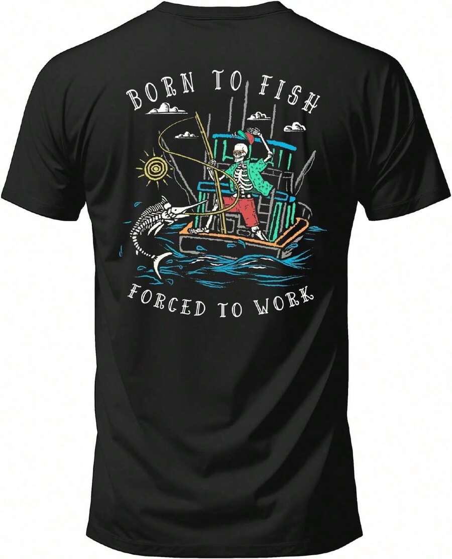 "Salty Bones Born To Fish Forced To Work" Fishing Boat Print T-Shirt, 100% Ring-Spun Cotton, Classic Fit, Printed In The USA. IFDD - 黑色 - 查看 1