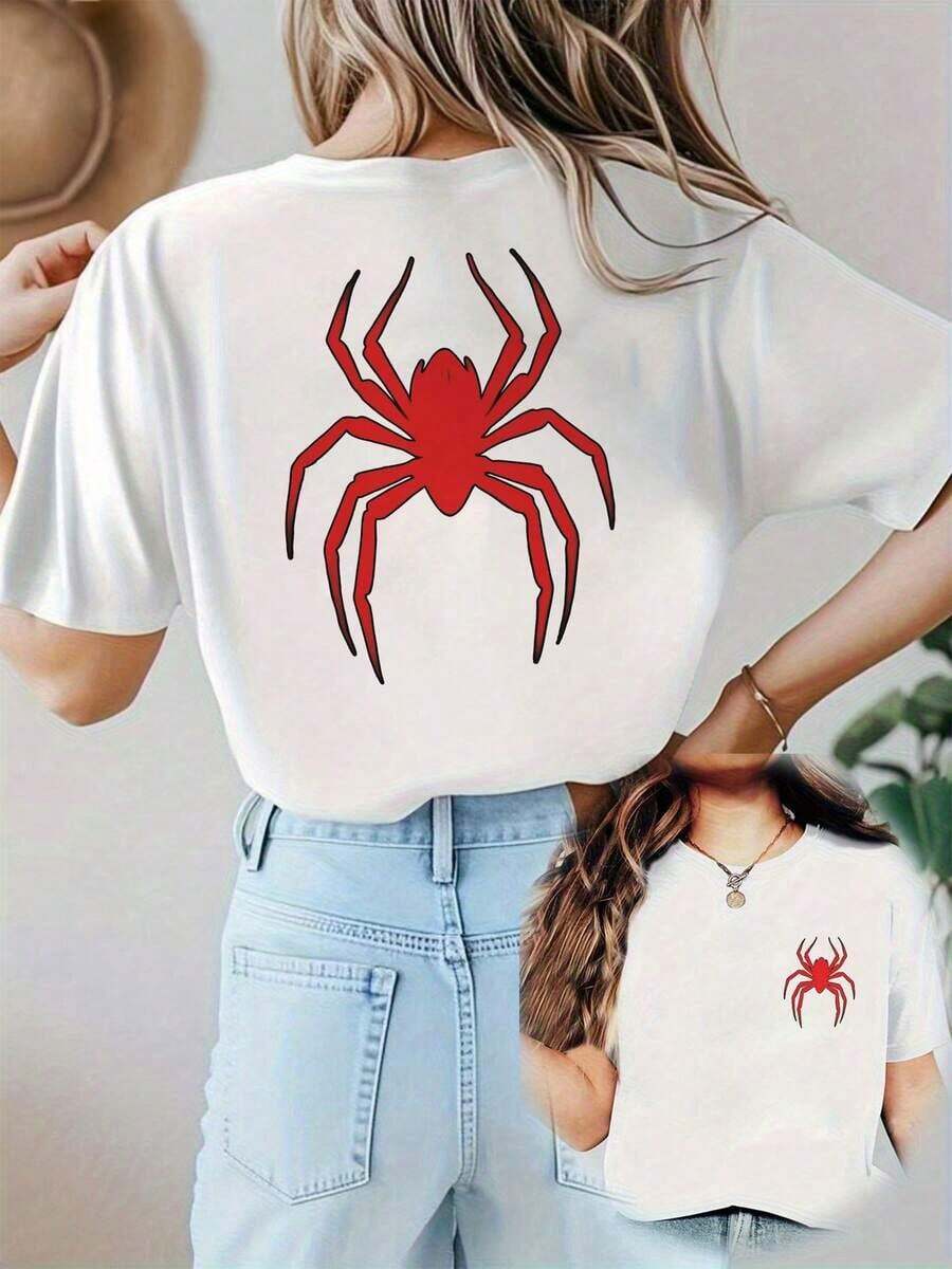 Símbolo de araña roja que representa valentía y energía femenina sobre fondo oscuro transmitiendo poder y  camiseta para mujer doble cara con impresión intensa 100% algodón cómoda y moderna - Blanco - Ver 1