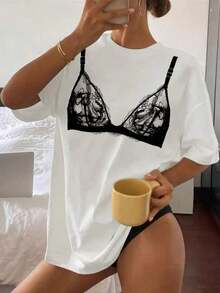 StreetKorean Camiseta de mujer de cuello redondo con diseño estampado y nudo delantero, camiseta gráfica diaria casual y con estiloGraphic Tee - Blanco - Ver 6