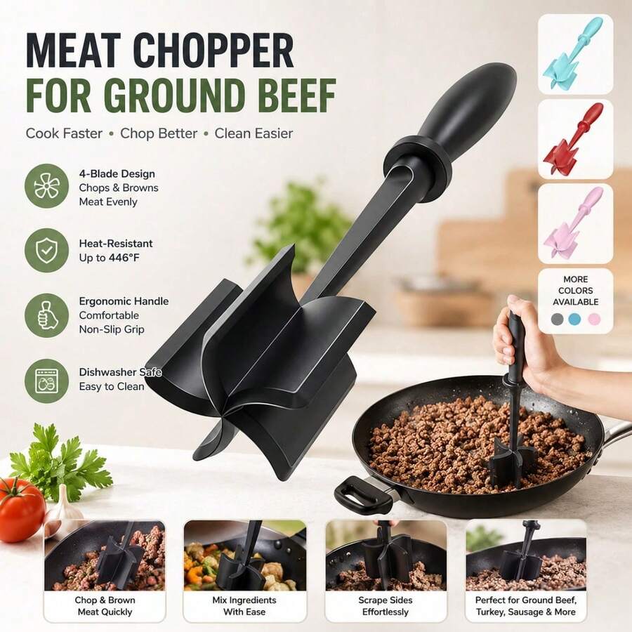 1件装重型耐热尼龙切肉器，多功能汉堡压碎器和牛肉绞肉机，实用厨房工具，可用于制作汉堡、搅拌土豆、嫩化肉类和家禽，是日常家庭烹饪的必备小工具。