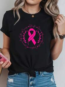 T-Shirt With Pink Bow Graphic Print And "Love Strength", Short Sleeves And Round Neck, Casual Top For Summer And Spring, Women's Clothing - 黑色 - 查看 1