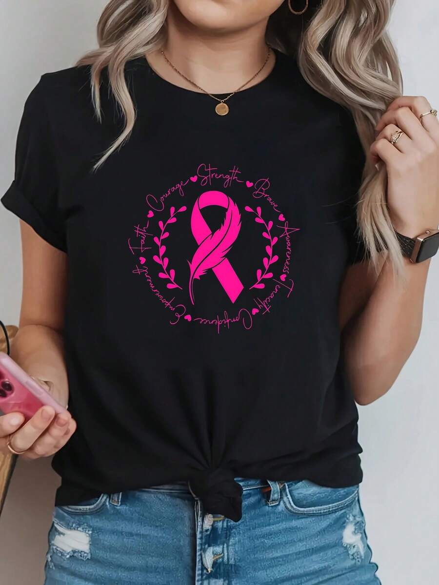 T-Shirt With Pink Bow Graphic Print And "Love Strength", Short Sleeves And Round Neck, Casual Top For Summer And Spring, Women's Clothing - 黑色 - 查看 1