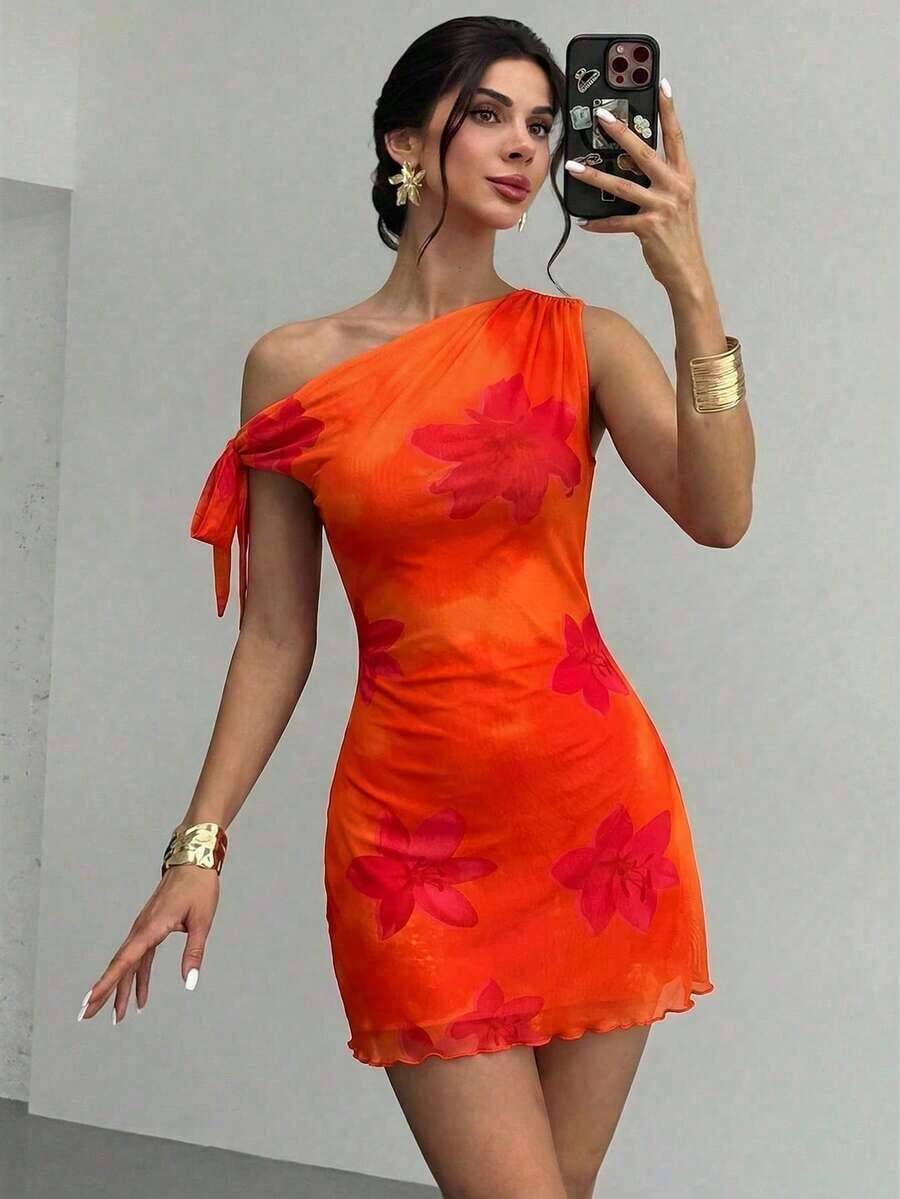 Vestido mini elegante y sexy de flores con hombros descubiertos para vacaciones, vestido de malla floral, vestido con cuello asimétrico, para primavera/verano, atuendo de playa, elegante, sexy, vacaciones, playa, Hawái, cita, fiesta, festival de m - Naranja 3 - Ver 1