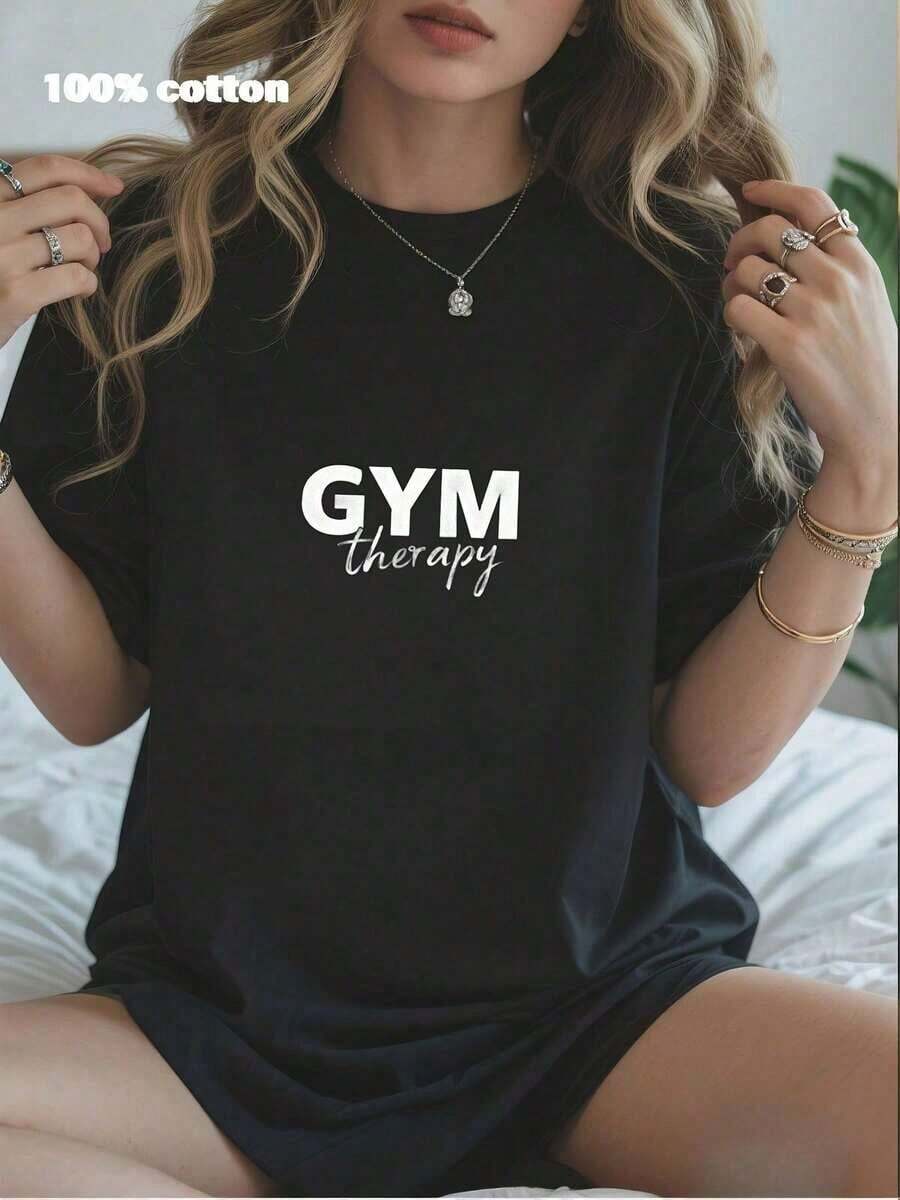 Camiseta Gráfica Casual de Manga Corta para Mujer, Ideal para Vacaciones de Verano y Gimnasio - Cuello Redondo Casual, 100% Algodón, Suave y Transpirable, Corte Relajado - Perfecta para Entrenamientos, Fitness, Amantes del Gimnasio y Uso Diario. Estilo Retro Pop de los 90 para Todos los Géneros. - Negro - Ver 1