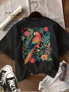 [Impresión a Doble Cara]Camiseta Casual de Verano para Mujer, Estilo Tropical con Estampado de Loros y Flores, Cuello Redondo, Algodón Puro, Manga Corta - Camiseta Unisex de Estilo Vintage Urbano, Holgada, de Algodón, con Cuello Redondo, blusas para mujer. blusas.blusas casuales para dama. - Negro - Ver 2