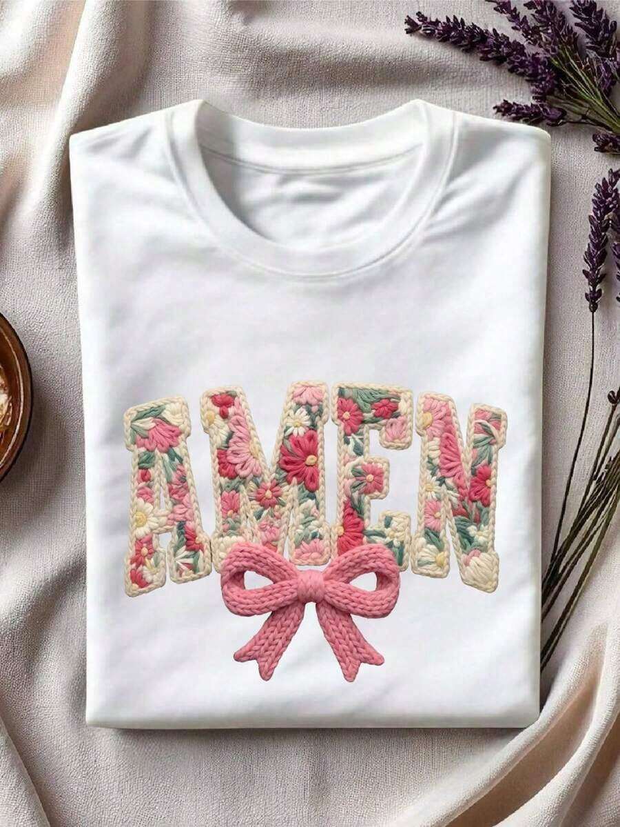 Limited Time Offer, Limited Quantity Available, Lightning, Women's Shirts, Women's T-Shirts Coquette Amen Synthetic Yarn Crochet T-Shirt, Floral Christian Knit Shirt, Retro Floral Religious Round Neck, Short Sleeve Boho Cottagecore Style. - 白色 - 查看 1