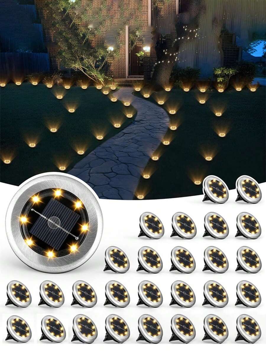 2/4/8/12入 LED 太陽能埋地燈，不鏽鋼圓盤式地埋射燈，太陽能充電，易於插樁安裝，適用於庭院、花園、草坪、小徑、車道照明與景觀裝飾