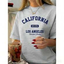 Women's Vintage Graphic T-Shirt With California Los Angeles Design - Casual Crew Neck, Short Sleeve, Cotton, Machine Washable, EST 1776 Print2025 - 灰色 - 查看 4