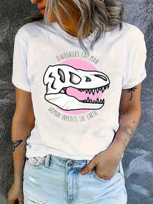 Women's Short-Sleeved T-Shirt With A Creative Y-Shaped Fossil Dinosaur Design; Simple, Casual, And Sporty, Perfect For Summer Vacations. A Standard Women's Casual T-Shirt That Is Breathable And Lightweight. - 白色 - 查看 1