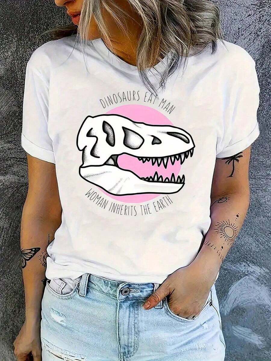 Women's Short-Sleeved T-Shirt With A Creative Y-Shaped Fossil Dinosaur Design; Simple, Casual, And Sporty, Perfect For Summer Vacations. A Standard Women's Casual T-Shirt That Is Breathable And Lightweight. - 白色 - 查看 1