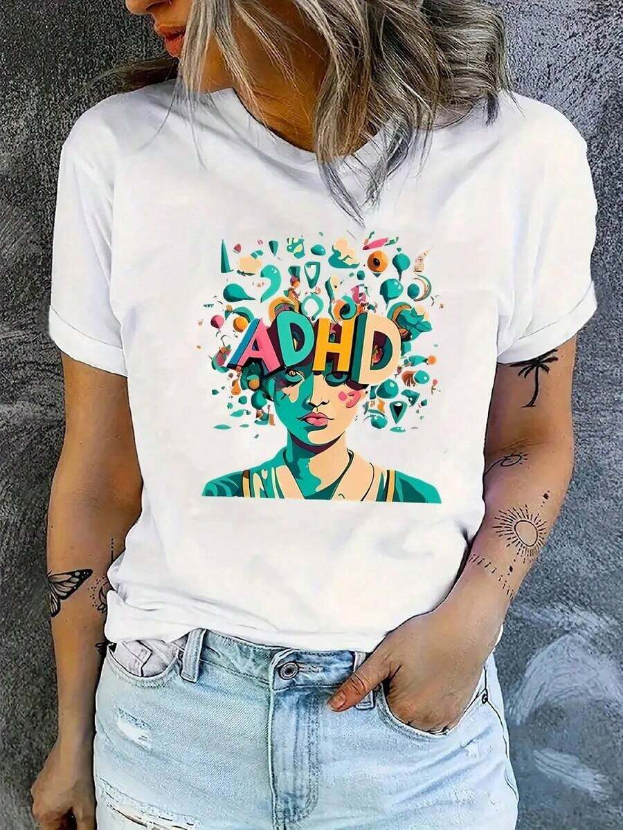 Camiseta Deportiva de Manga Corta para Mujer, Moderna y Minimalista | Diseño estampado multicolor "ADHD", casual, adecuado para todas las estaciones, ideal para reuniones familiares y salidas diarias. - Blanco - Ver 1