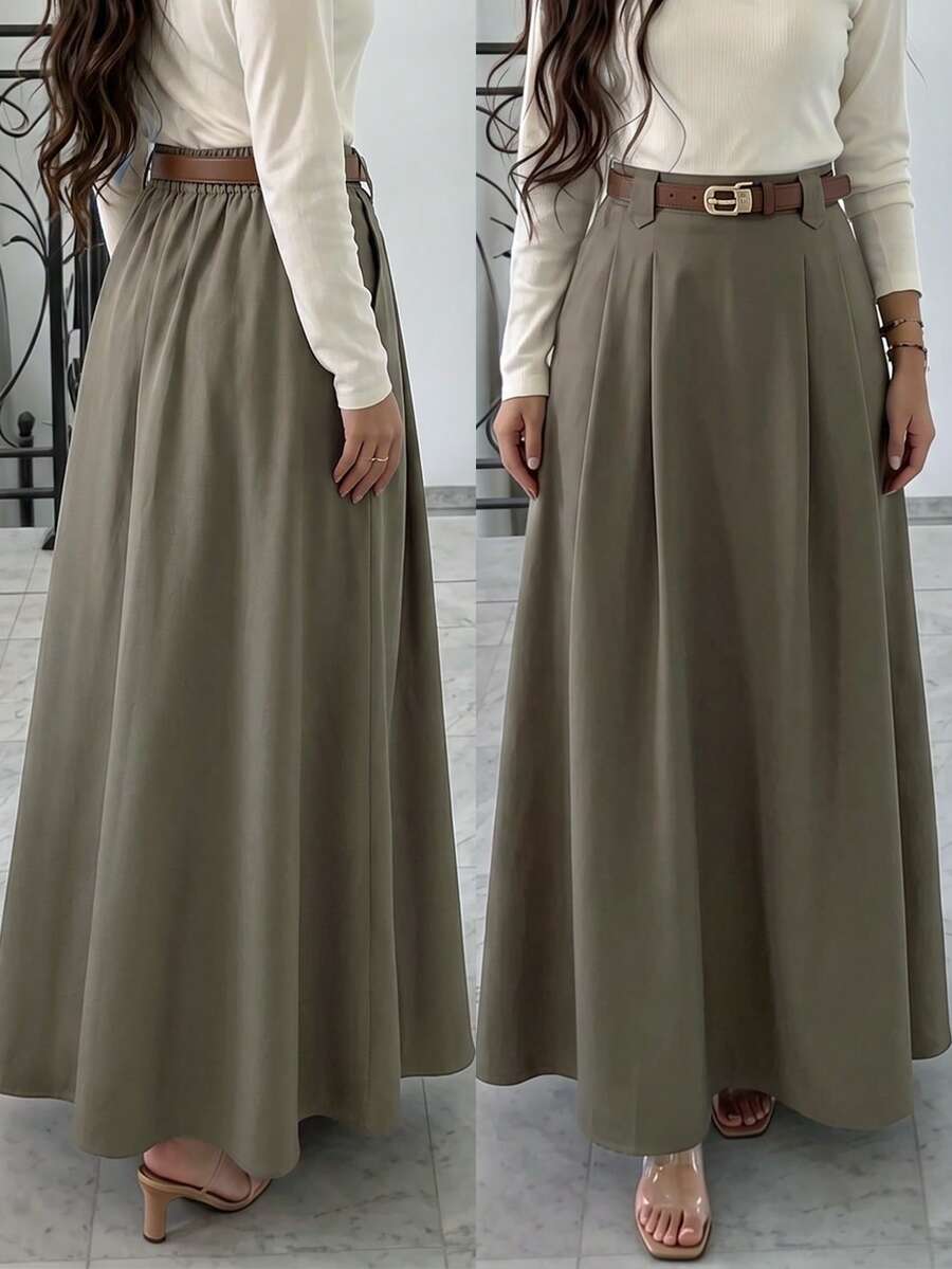 Chân váy dài cạp cao màu xanh kaki dành cho nữ (không kèm thắt lưng), thích hợp cho công sở/thường ngày/đi làm, kiểu dáng thanh lịch cho mùa xuân/hè. - nâu xám - Xem 1