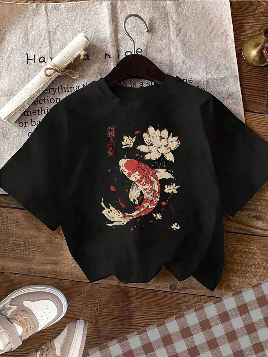 1 Piece Women's Casual Round Neck T-Shirt, Chinese Style With Koi Fish And Lotus Print, Oriental Charm, Auspicious Symbolism, Comfortable And Fashionable Everyday Wear, Ideal For Women, Birthday Or Holiday Gift - 黑色 - 查看 1