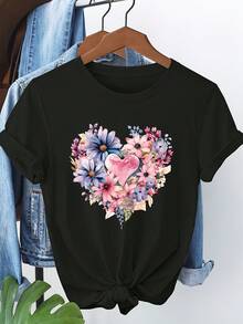 Women's T-Shirt With Extra Large Floral Heart Graphic Design - Sheer Yellow Top With Floral Heart Design, Soft And Breathable Women's T-Shirt, Gift Idea For Valentine's Day Or Anniversary - 黑色 - 查看 1