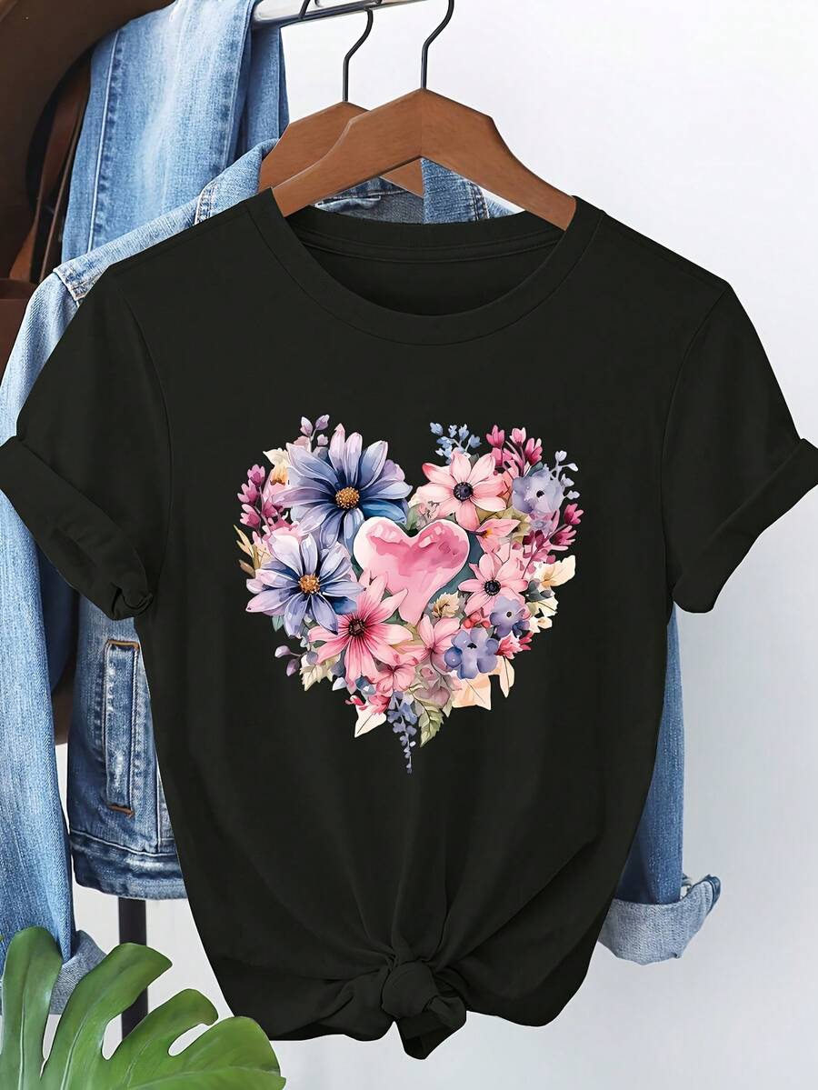 Women's T-Shirt With Extra Large Floral Heart Graphic Design - Sheer Yellow Top With Floral Heart Design, Soft And Breathable Women's T-Shirt, Gift Idea For Valentine's Day Or Anniversary - 黑色 - 查看 1