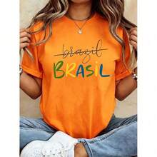 White Brasil Colorful Letter Print T-Shirt, Women Crew Neck Short Sleeve Casual Tee, Brazil National Flag Color Graphic Summer Vacation Loose Fit Top - 橘色 - 查看 3
