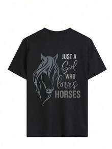 2026 New Cotton-Shirt: Women's Short-Sleeved Crew Neck T-Shirt For Summer, Soft And Comfortable, Casual And Versatile. Casual Style With An Equestrian Theme, Featuring The English Lettering "Just A Horse Lover," Radiating Youthful Vitality. Suitable For Equestrian Culture, Street Style, Everyday Wear, Running, Leisure, Gatherings, Parties, And Various Occasions. Loose And Urban Style, Also Very Suitable For Outdoor Wear; A Summer Option In Black. - 黑色 - 查看 7