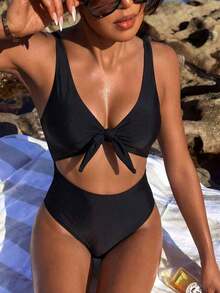 Swim Vcay Traje de baño de una pieza de unicolor negro elegante sin mangas, de cintura alta y con tirantes ajustables, para primavera/verano 2026 - Negro - Ver 1