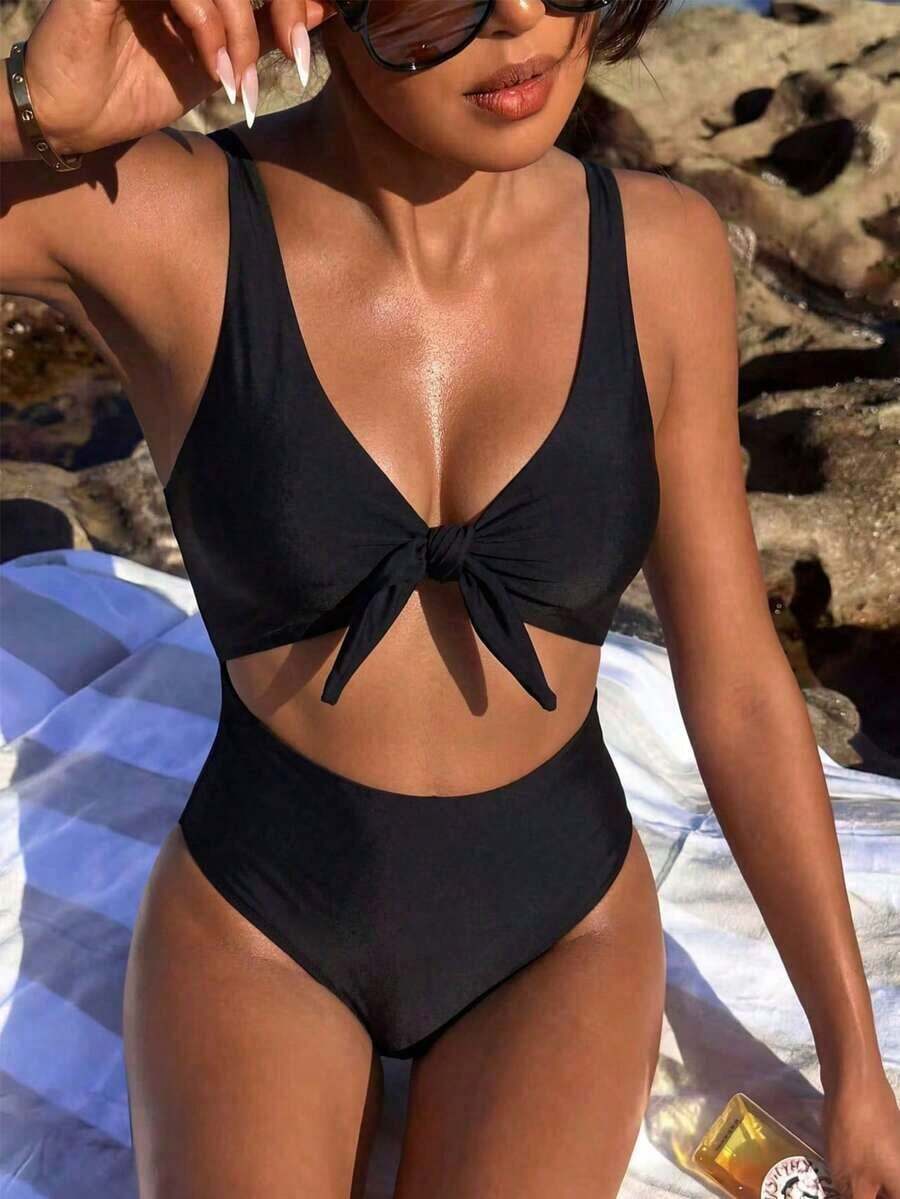 Swim Vcay Traje de baño de una pieza de unicolor negro elegante sin mangas, de cintura alta y con tirantes ajustables, para primavera/verano 2026 - Negro - Ver 1