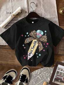 Women's Cotton T-Shirt, Personalized Teacher Shirt With Custom Name - White Leopard Print Tie Top, Teacher's Day Gift, Exclusive Teacher Apparel, Educator Gift, Machine Washable, Fun Theme, Comfortable Fabric, Decorated Shirt With Bow, Staff Gift, Crew Neck, 100% Cotton, Soft Fabric, Short Sleeve - 黑色 - 查看 7
