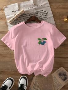 Printed T-Shirt With Green Leaf And Blueberry Design, Casual Short-Sleeved Top With Round Neck, Suitable For Daily Wear In Spring And Summer, Women's Clothing, Soft And Breathable Fabric, Printed T-Shirt, Adult Size, Fashionable Women's Clothing. - 白色 - 查看 11