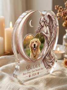 1 pieza Decoración conmemorativa de mascota personalizada de acrílico, placa conmemorativa de mascota personalizada con foto y texto personalizables, decoración conmemorativa de nombre y fecha de mascota personalizable. Adopta diseño plano 2D de ángel abrazando la luna, artesanía en relieve degradado dorado rosa y marco con forma de corazón. - Ángel 1 - Ver 9