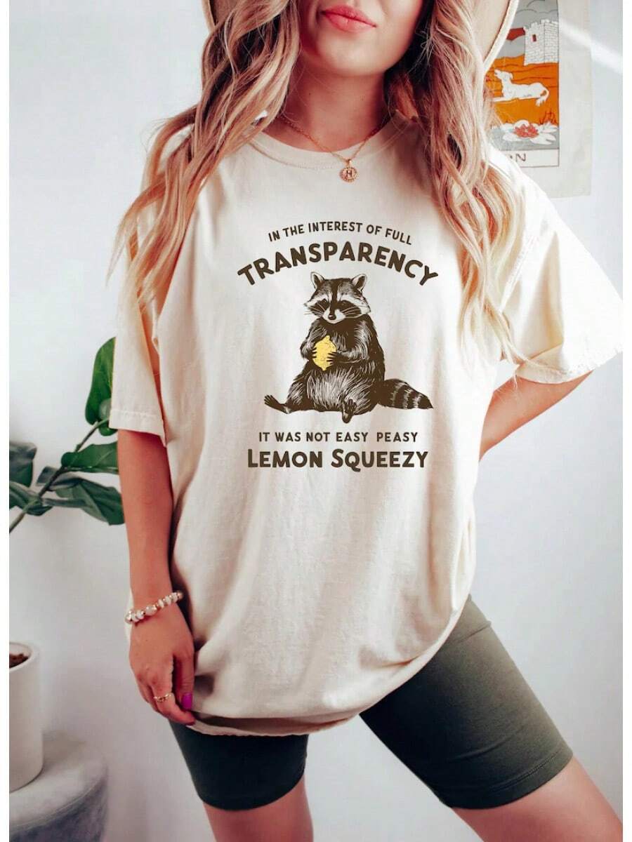 1 Piece, Apricot And Brown Aesthetic T-Shirt, Made Of High-Quality Cotton With A Fun Raccoon Design, Suitable For Couples, Available In Sizes S-3XL, Unisex, Urban Fashion, Casual Summer Style, Elegant Women's Style, Crew Neck Cotton T-Shirt, For Everyday Wear. | Perfect Holiday Gift | 100% Cotton Fabric | Soft And Comfortable | Crew Neck T-Shirt | - 杏色 - 查看 1