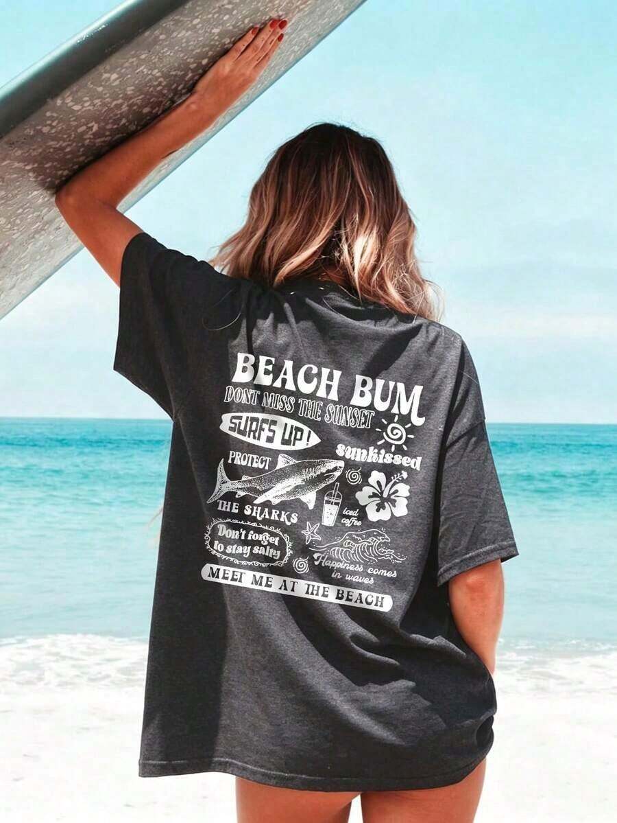 Camiseta de manga corta con cuello redondo y estampado de tiburones, ondas y flores para mujer, moderna y versátil para vacaciones de primavera/verano en color blanco. - Gris Oscuro - Ver 1