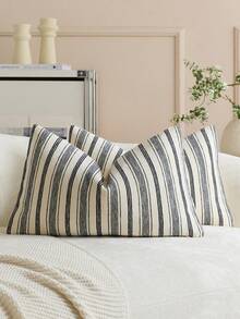 1pc Black Striped Throw Pillow Cover (Pillow Insert Not Included), Modern Stylish Soft Chenille & Faux Linen Blended Dual-Color Striped Comfortable Cushion Cover, Suitable For Home Sofa, Bedroom, Decor, All Seasons - Black - View 6