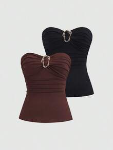 Top corto con pliegues tipo bandeau de moda casual para mujer - Multicolor 2 - Ver 3