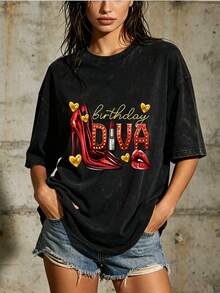 Women's 180g T-Shirt "Birthday Queen" - The Perfect Gift For Her, Ideal For Family Parties And Office Celebrations - Festive Design With Red High Heels And Lipstick, A Must-Have For The Holidays. - 黑色 - 查看 7