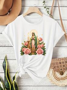 Women's T-Shirt - Vintage Mexican Style T-Shirt - Virgin Of Guadalupe And Pink Rose Print, Soft And Stretchy Crew Neck, Short Sleeve, Machine Washable, Suitable For All Seasons, Comfortable Activewear, Women's T-Shirts - 白色 - 查看 12
